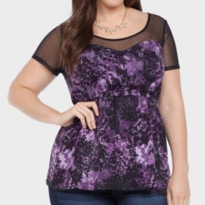 Torrid Purple Black Floral Mesh Zip Back Top